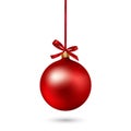 Red Christmas ball with ribbon and bow on white background. Vector illustration. Royalty Free Stock Photo