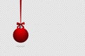 Red Christmas Ball , Ribbon , Isolated On Transparent Background.