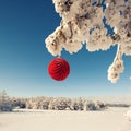 Red Christmas Ball On A Snow-covered Tree Branch