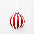 Red Christmas Ball With Snow Effect. Xmas Glass Ball On Transparent Background. Holiday Decoration Template. Vector Illustration