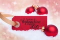 Red Christmas Ball, Snow, Label, Glueckliches 2020 Mean Happy 2020, Bokeh