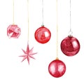 Red Christmas balls background. Festive xmas decoration scarlett bauble and bright snowflake, hanging on the gold ribbon. Royalty Free Stock Photo