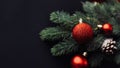 Red Christmas balls on a branch of a Christmas tree on a black background. Greeting card template, web banner mockup. Flat lay, Royalty Free Stock Photo
