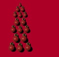 Red Christmas balls. Christmas tree concept top view. New Year background. Festive idea. Royalty Free Stock Photo