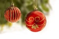 Red Christmas balls with gold decoration hanging from a Christmas tree with blurry background. Ball are partly isolated on white f Royalty Free Stock Photo