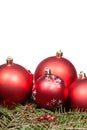 Red Christmas balls on green fir tree branch Royalty Free Stock Photo