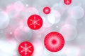 Red Christmas balls over abstract festive delicate winter christmas or New Year background texture with shiny light blue pink and Royalty Free Stock Photo