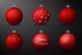 Red christmas balls with silver holders. Set of realistic decorations on black background