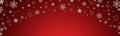 Red Christmas banner with golden glittering silver snowflakes and stars. Merry Christmas and Happy New Year greeting Royalty Free Stock Photo