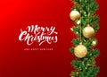 Red Christmas banners with with branches and balls. Festive design, greeting card template. Royalty Free Stock Photo