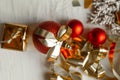 Red Christmas baubles with golden bows Royalty Free Stock Photo