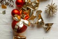 Red Christmas baubles with golden bows Royalty Free Stock Photo