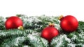 Red Christmas baubles and snow on fir branches Royalty Free Stock Photo