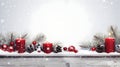 Red Christmas burning candles, balls, baubles and pine cones and branches in a row. Royalty Free Stock Photo