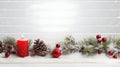 Red Christmas burning candles, balls, baubles and pine cones and branches. Royalty Free Stock Photo