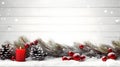 Red Christmas burning candles, balls, baubles and pine cones and branches. Royalty Free Stock Photo