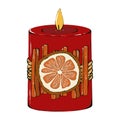 Red Christmas Candle. Symbol of home decor, aromatherapy. Hand drawing illustration, isolated