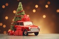 Red christmas car with christmas tree on bokeh background Royalty Free Stock Photo