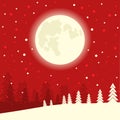 Red Christmas card background on winter moon night. Vector illus