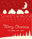 Red Christmas card background on winter moon night. Vector illus