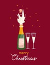 Red Christmas card with a champagne bottle and two glasses. Merry Christmas, Happy new Year concept illustration . Royalty Free Stock Photo