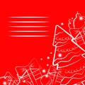 Red Christmas card with gift, Christmas tree and toy. Vector illustration