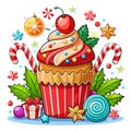 Red christmas cupcake. candy cane and christmas decoration. Royalty Free Stock Photo