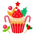 Red christmas cupcake. candy cane and christmas decoration. Royalty Free Stock Photo