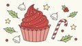 Red christmas cupcake. candy cane and christmas decoration. Royalty Free Stock Photo