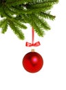 Red Christmas decor ball on green tree branch isolated on white Royalty Free Stock Photo