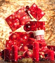 Red christmas decoration gifts and christmas tree deco. Royalty Free Stock Photo