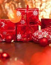 Red christmas decoration gifts and christmas tree deco. Royalty Free Stock Photo