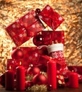 Red christmas decoration gifts and christmas tree deco. Royalty Free Stock Photo