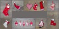 Red christmas decoration with hearts, santa claus, rocking horse