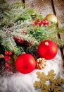 Red christmas Decoration Over Wooden Background.