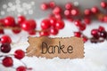 Red Christmas Decoration, Snow, Label, Danke Means Thank You Royalty Free Stock Photo