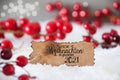 Red Christmas Decoration, Snow, Label, Glueckliches 2021 Means Happy 2021 Royalty Free Stock Photo