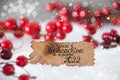 Red Christmas Decoration, Snow, Label, Glueckliches 2022 Means Happy 2022 Royalty Free Stock Photo