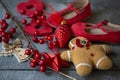 Red Christmas decorations on dark wood surface, Christmas decorations for Christmas tree Royalty Free Stock Photo