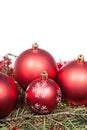 Red Christmas decorations on green tree branch Royalty Free Stock Photo