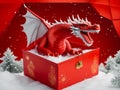 The red Christmas dragon roars open its jaws, a red dragon in a red box for Christmas., generated AI