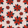 Red Christmas flower poinsettia and snowflakes hand drawn vector illustration. Festive floral seamless pattern. Royalty Free Stock Photo