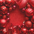 Red Christmas frame. Christmas balls, stars, cones and hearts on red sparkles background. Flat lay. Top view. Royalty Free Stock Photo