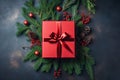 Red Christmas gift box surrounded by fir branches and tre baubles