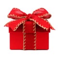 Red Christmas gift box with red bow and ribbon on white