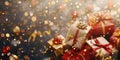 Red christmas gift boxes with gold ribbons are laying on a surface with golden and red confetti exploding in the background Royalty Free Stock Photo
