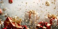 Red christmas gift boxes with gold ribbons are laying on a surface with golden and red confetti exploding in the background Royalty Free Stock Photo