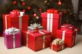 red Christmas gift boxes. Merry Christmas and Happy New Year. AI generated content