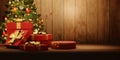 Red christmas gift with golden ribbon and empty podium on vintage wooden table. Cozy magic xmas and new year holiday scene.