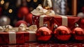 red christmas gifts with gold ribbons and ornaments in front of a christmas tree Royalty Free Stock Photo
